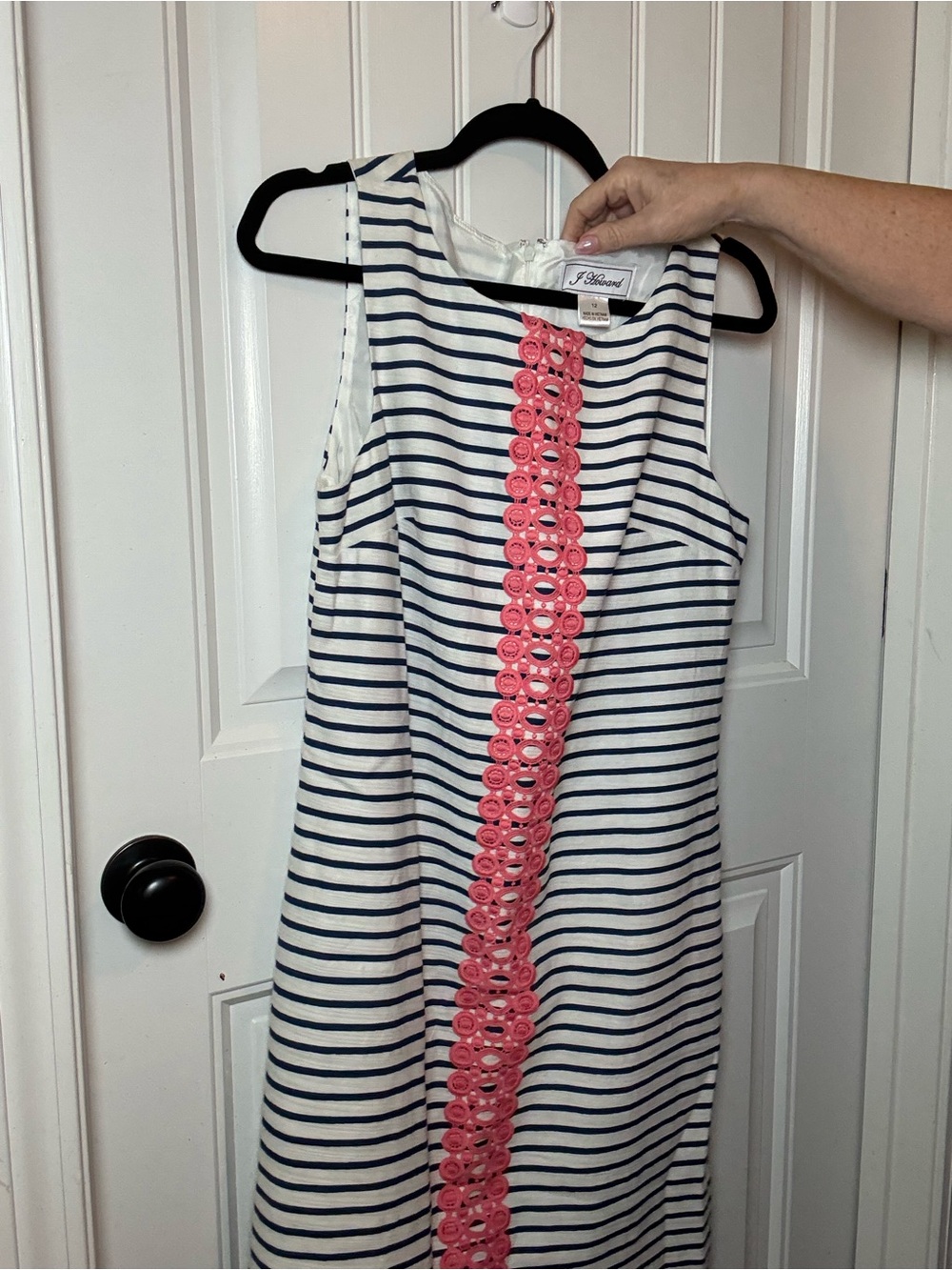 J. Howard Navy Striped Midi Dress with Pink Crochet Trim